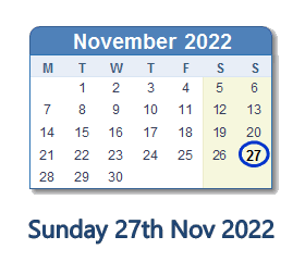 27 November 2022 calendar