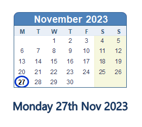 27 November 2023 calendar