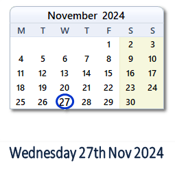 27 November 2024 calendar