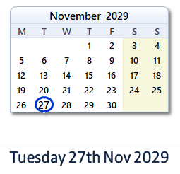 27 November 2029 calendar