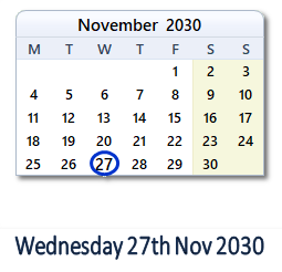 27 November 2030 calendar
