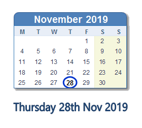 28 November 2019 calendar