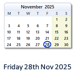28 November 2025 calendar