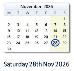 28 November 2026 calendar