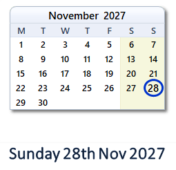 28 November 2027 calendar