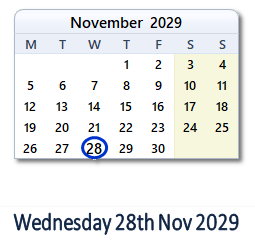 28 November 2029 calendar
