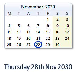28 November 2030 calendar