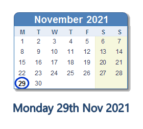 29 November 2021 calendar
