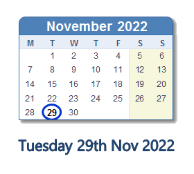 29 November 2022 calendar