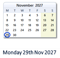 29 November 2027 calendar