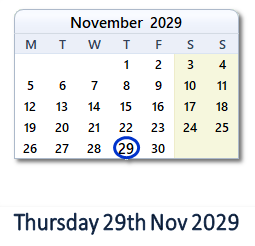 29 November 2029 calendar