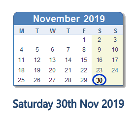 30 November 2019 calendar