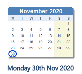 30 November 2020 calendar
