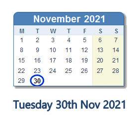 30 November 2021 calendar