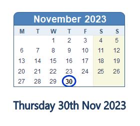30 November 2023 calendar