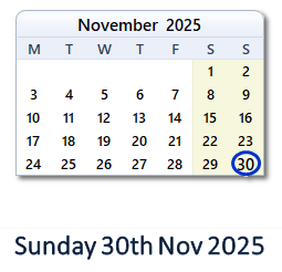30 November 2025 calendar