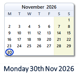 30 November 2026 calendar
