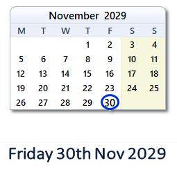 30 November 2029 calendar