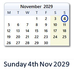 4 November 2029 calendar