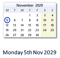 5 November 2029 calendar