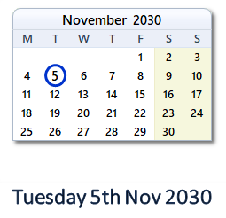 5 November 2030 calendar