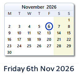 6 November 2026 calendar