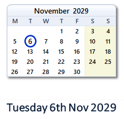 6 November 2029 calendar