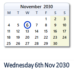 6 November 2030 calendar