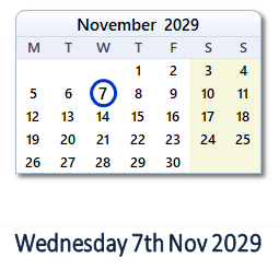 7 November 2029 calendar