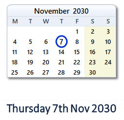 7 November 2030 calendar