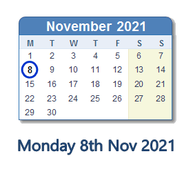 8 November 2021 calendar