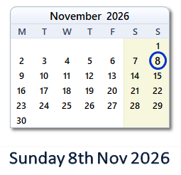 8 November 2026 calendar