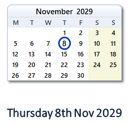 8 November 2029 calendar
