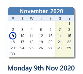 9 November 2020 calendar