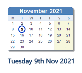 9 November 2021 calendar