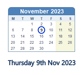 9 November 2023 calendar