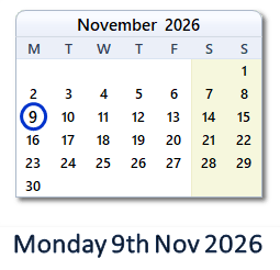 9 November 2026 calendar