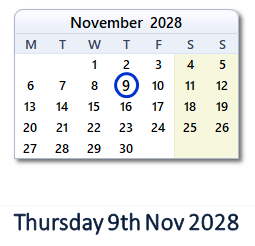 9 November 2028 calendar