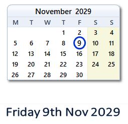 9 November 2029 calendar