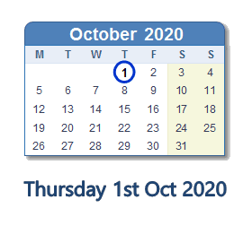 1 October 2020 calendar