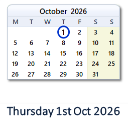 1 October 2026 calendar