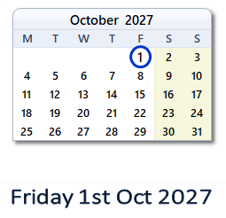 1 October 2027 calendar