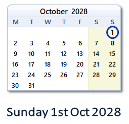 1 October 2028 calendar