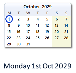 1 October 2029 calendar