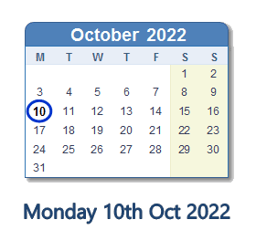 10 October 2022 calendar