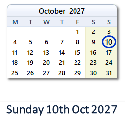 10 October 2027 calendar