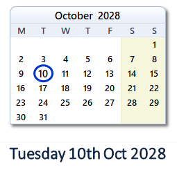 10 October 2028 calendar