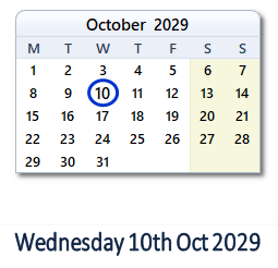 10 October 2029 calendar