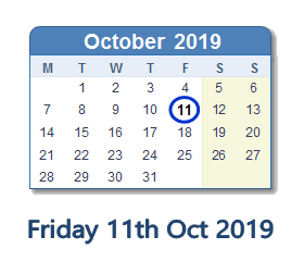 11 October 2019 calendar