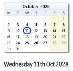 11 October 2028 calendar